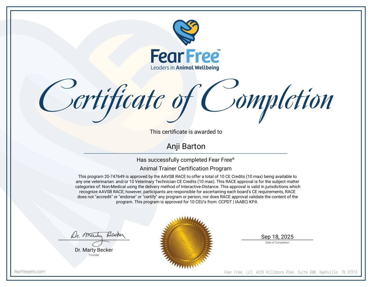 Fear Free Certified Dog Trainer